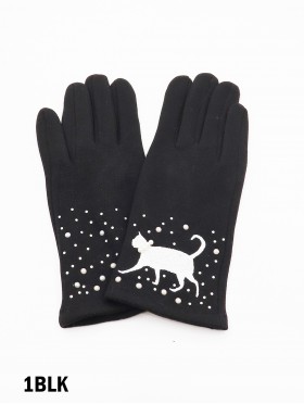 Cat Print Touch Screen Glove W/ Rhinestone & Pearls