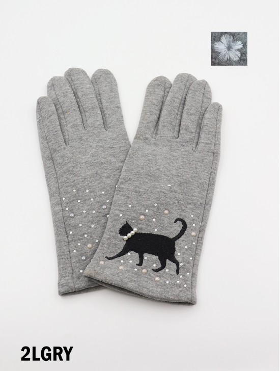 Cat Print Touch Screen Glove W/ Rhinestone & Pearls