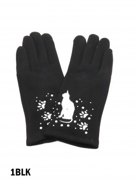 Cat Print Touch Screen Glove W/ Rhinestone & Pearls