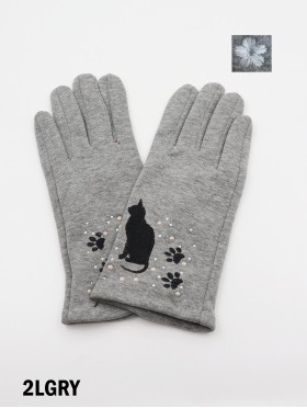 Cat Print Touch Screen Glove W/ Rhinestone & Pearls