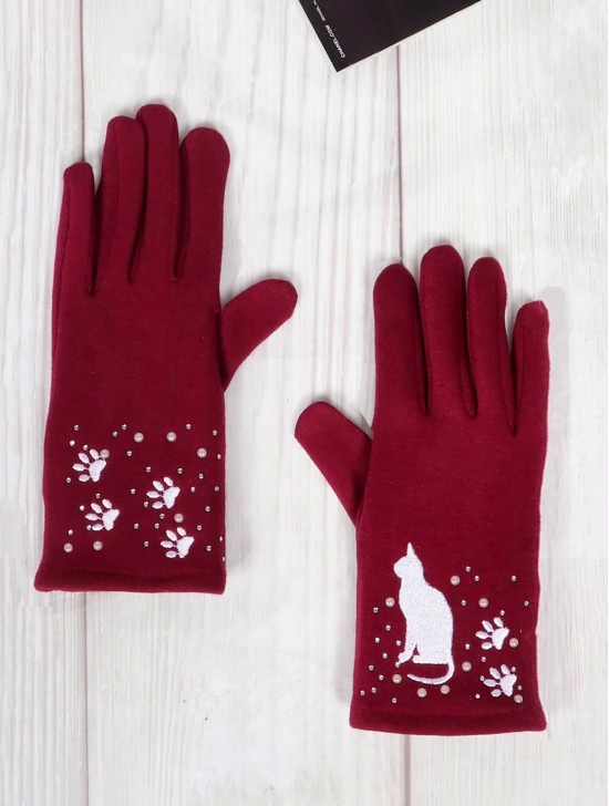 Cat Print Touch Screen Glove W/ Rhinestone & Pearls