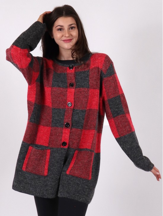 Plaid Knit Sweater Jacket W/ Buttons and Pockets