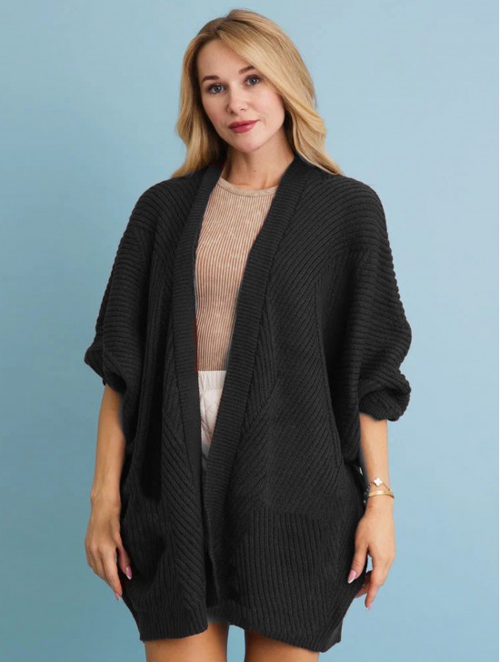 Ribbed Open-Front Knit Cardigan 