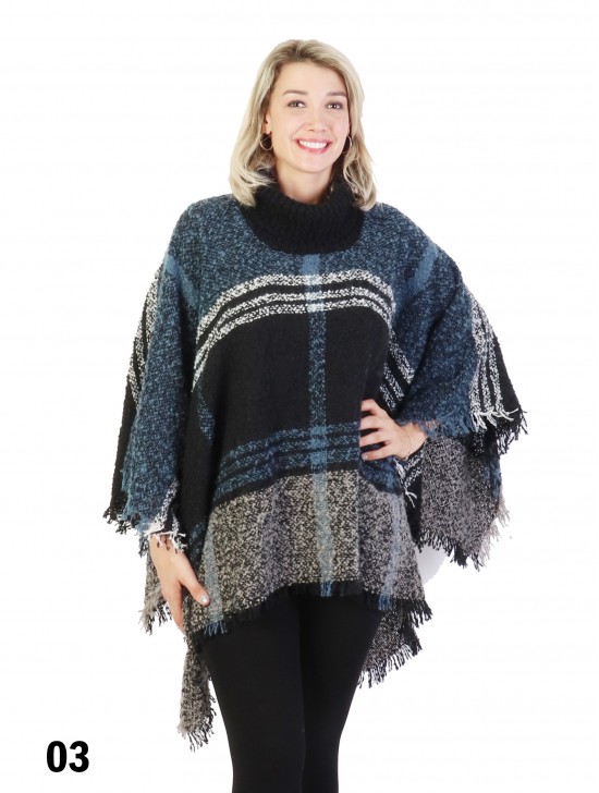 Loose Neck Poncho W/ Big Plaid