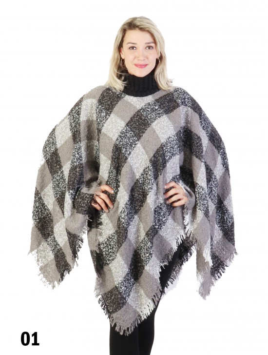 Loose Neck Poncho W/ Plaid