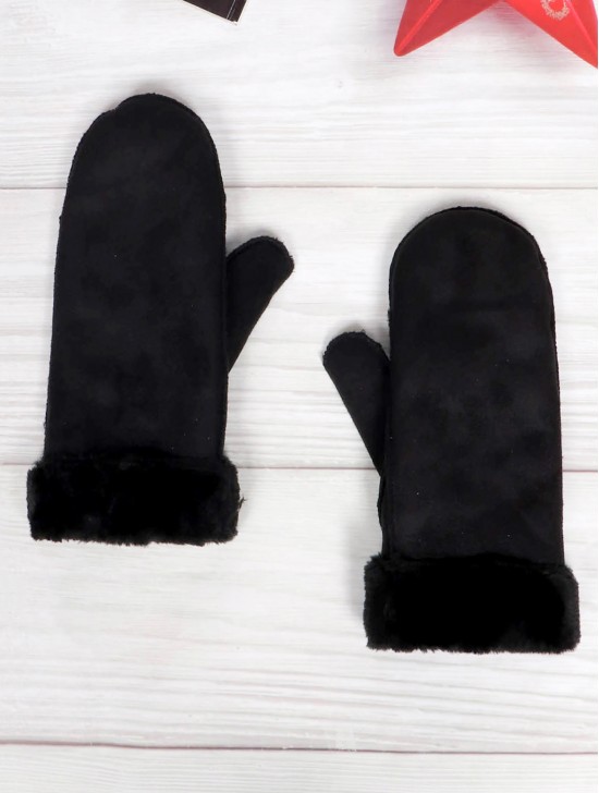 Suede Mittens W/ Fur Trim