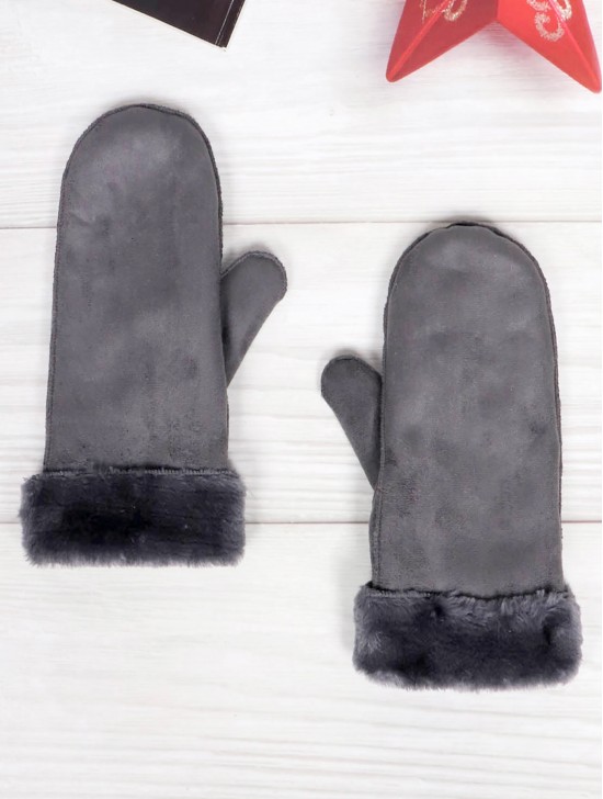 Suede Mittens W/ Fur Trim