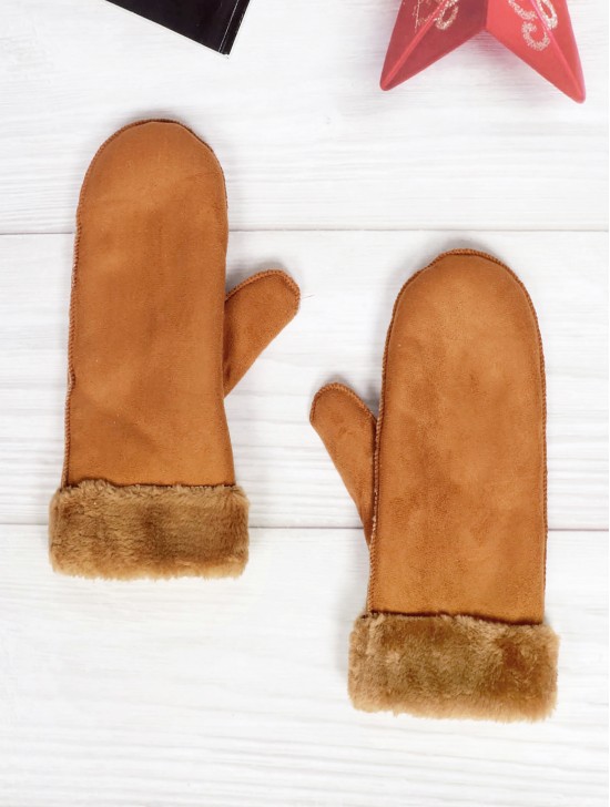 Suede Mittens W/ Fur Trim