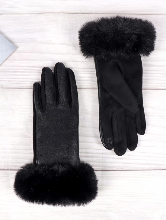 PU Touch Screen Gloves w/ Faux Fur Trims