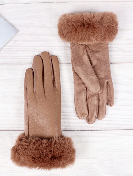 PU Touch Screen Gloves w/ Faux Fur Trims