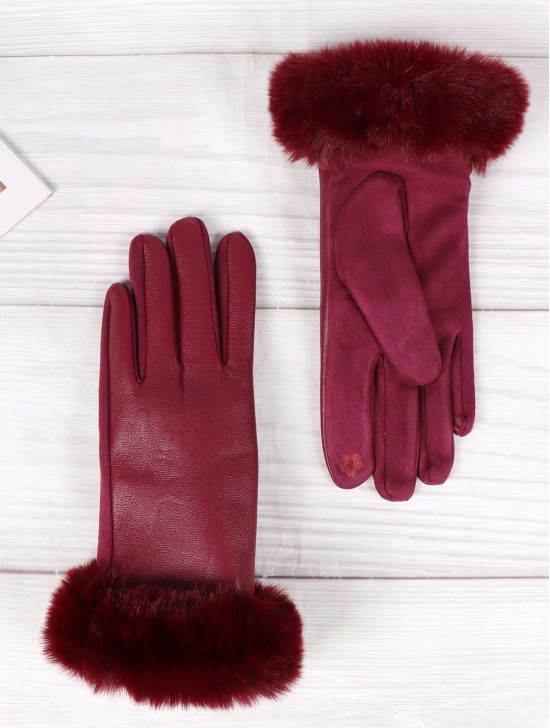 PU Touch Screen Gloves w/ Faux Fur Trims