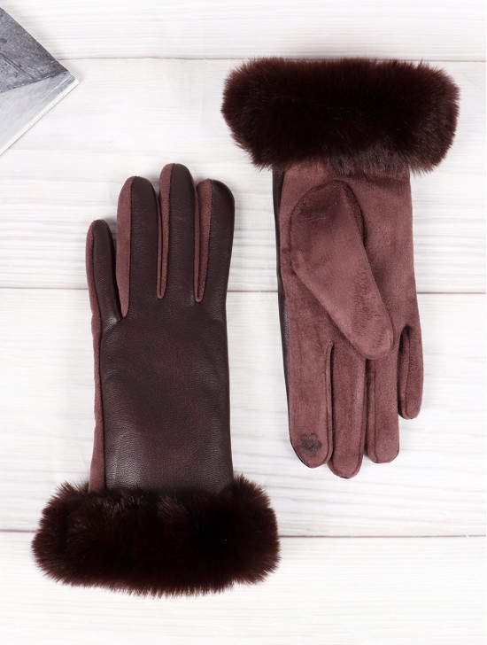 PU Touch Screen Gloves w/ Faux Fur Trims