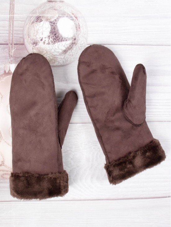 Suede Mittens W/ Fur Trim