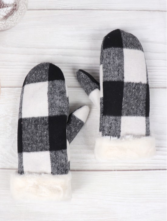 Plaid  Mittens W/ Fur Trim