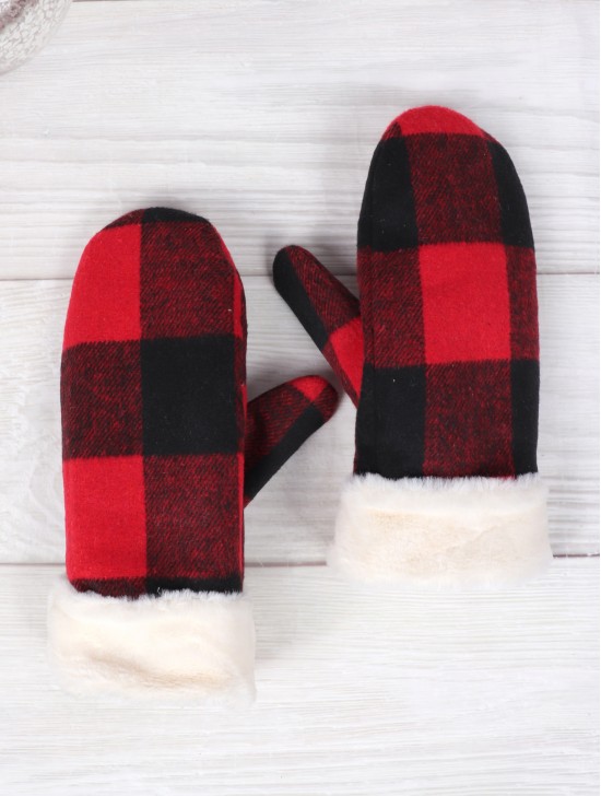 Plaid  Mittens W/ Fur Trim