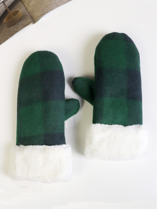 Plaid  Mittens W/ Fur Trim