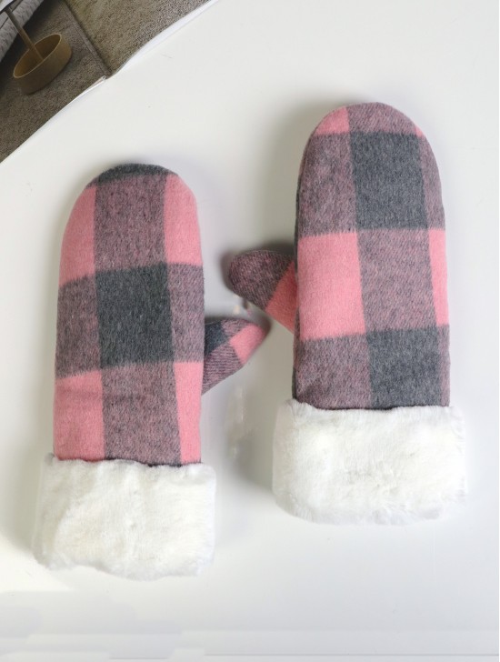 Plaid  Mittens W/ Fur Trim