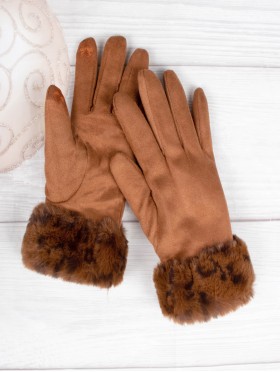 Touch Screen Gloves W/Leopard Print Faux Fur Trim 