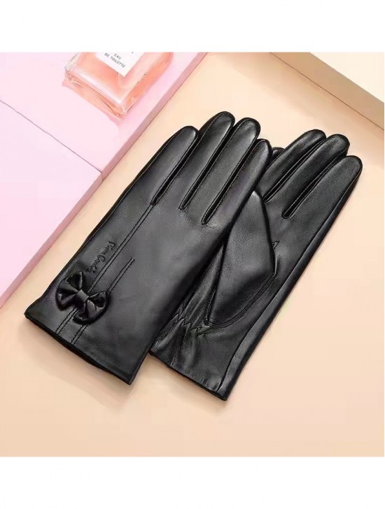 Women's PU Touch Screen Gloves w/ Texture and Ribbon Design