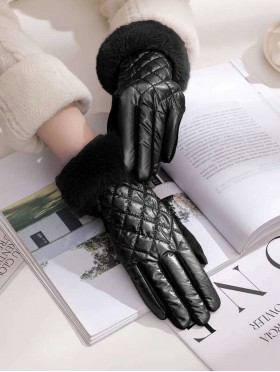 Solid Colour Shiny Bubble Gloves W Faux Fur Trim 