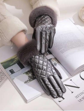 Solid Colour Shiny Bubble Gloves W Faux Fur Trim 