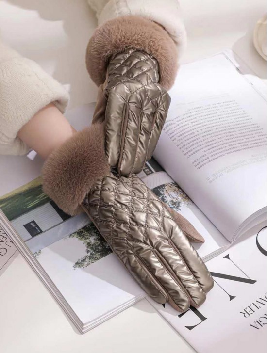 Solid Colour Shiny Bubble Gloves W Faux Fur Trim 