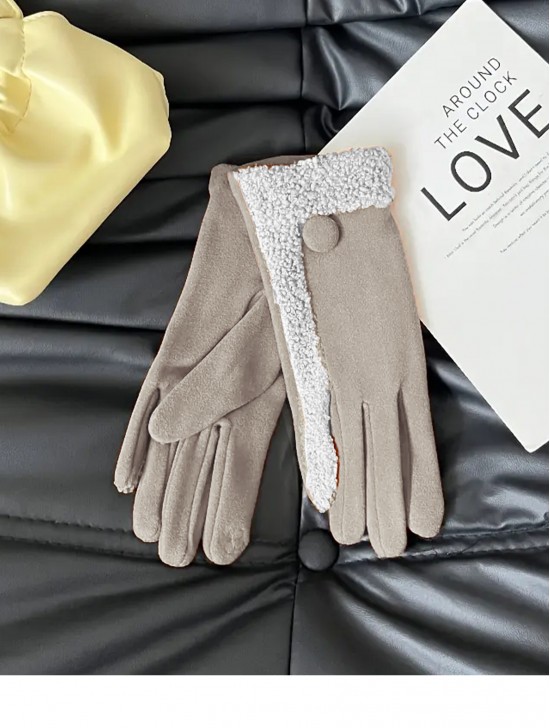 Fashion Touch Screen Gloves with Faux Fur Trim and Button 