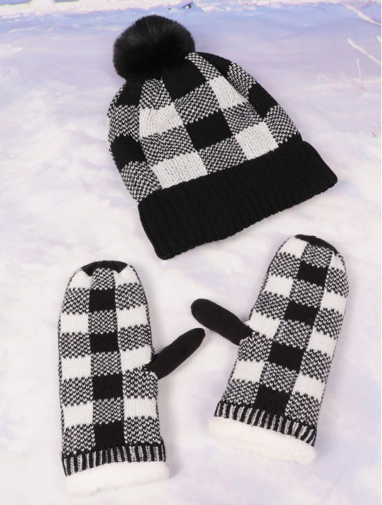 Knitted Plaid Toque W/ Pompom and Double-Layered Mittens