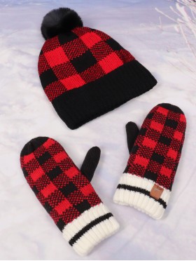 Knitted Plaid Toque W/ Pompom and Double-Layered Mittens