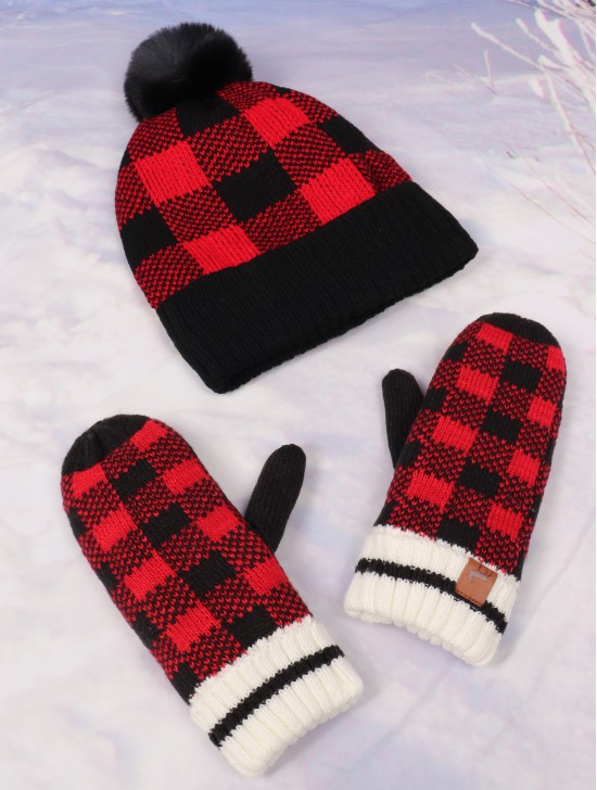 Knitted Plaid Toque W/ Pompom and Double-Layered Mittens