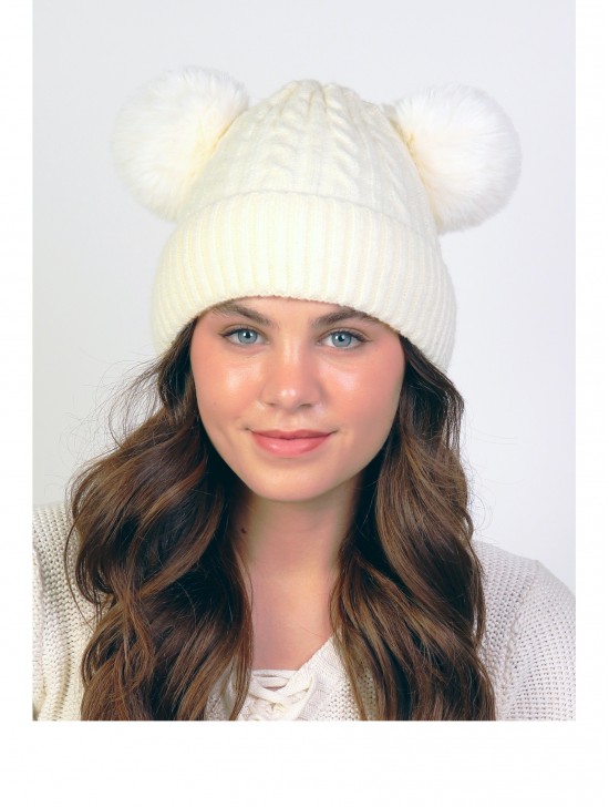 Double Pom Pom Knitted Hat (Plush Inside)