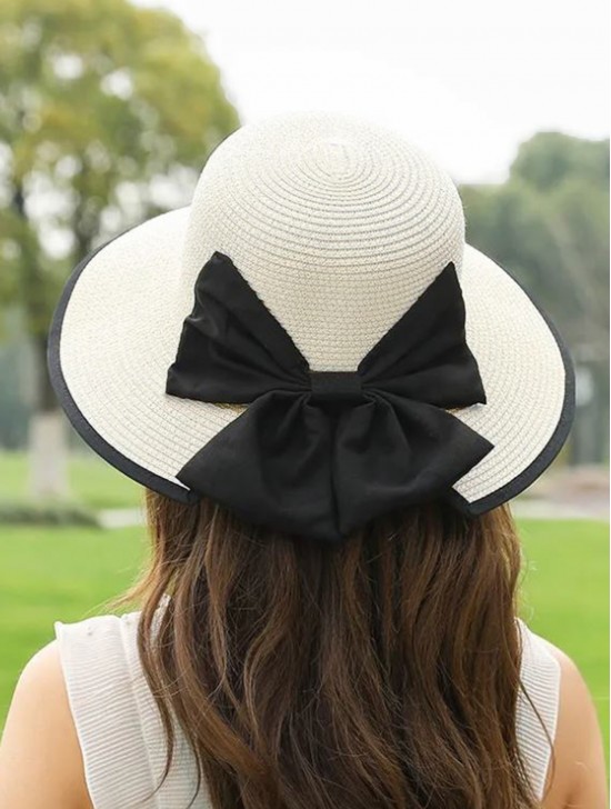 Wide Brim V-Back Summer Hat W/ Ribbon Bow 