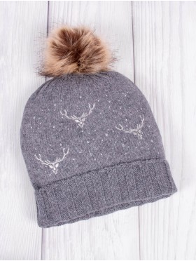 Fashion Knitted Hat W/ Moose Detail (Pom Pom)