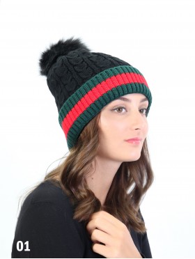 Red Stripe Cable Knitted Hat W/ Pom Pom (Plush Inside)