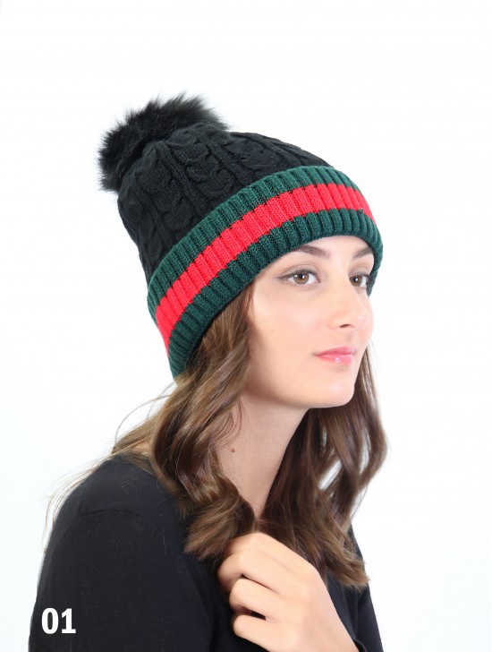 Red Stripe Cable Knitted Hat W/ Pom Pom (Plush Inside)