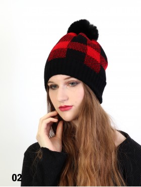 Super Soft Knitted Checker Hat W/ Pom Pom (Plush Inside)
