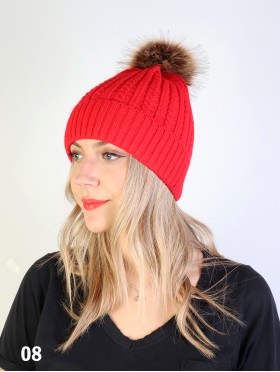 Cable Knitted Hat W/ Removable Pom Pom 