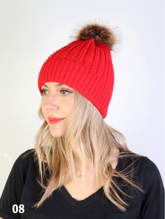 Cable Knitted Hat W/ Removable Pom Pom 