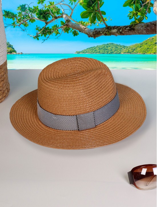 Wide Brim Summer Hat W/ Striped Pattern Trim