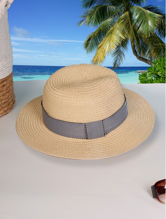 Wide Brim Summer Hat W/ Striped Pattern Trim