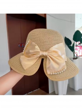 Wide Brim Summer Hat W/ Decorative Pearls and Bow