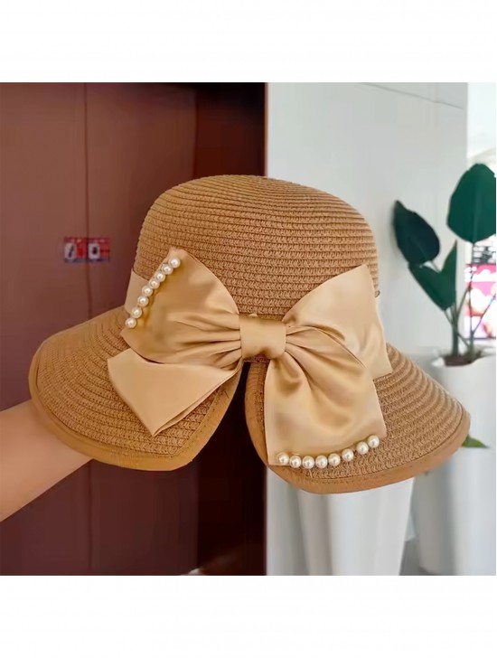 Wide Brim Summer Hat W/ Decorative Pearls and Bow