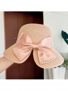 Wide Brim Summer Hat W/ Decorative Pearls and Bow