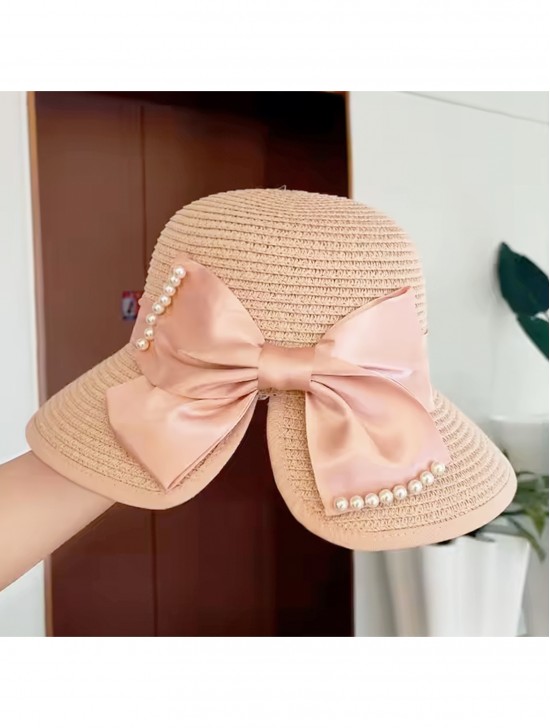 Wide Brim Summer Hat W/ Decorative Pearls and Bow