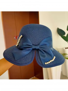 Wide Brim Summer Hat W/ Decorative Pearls and Bow