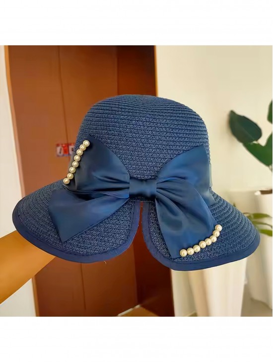 Wide Brim Summer Hat W/ Decorative Pearls and Bow