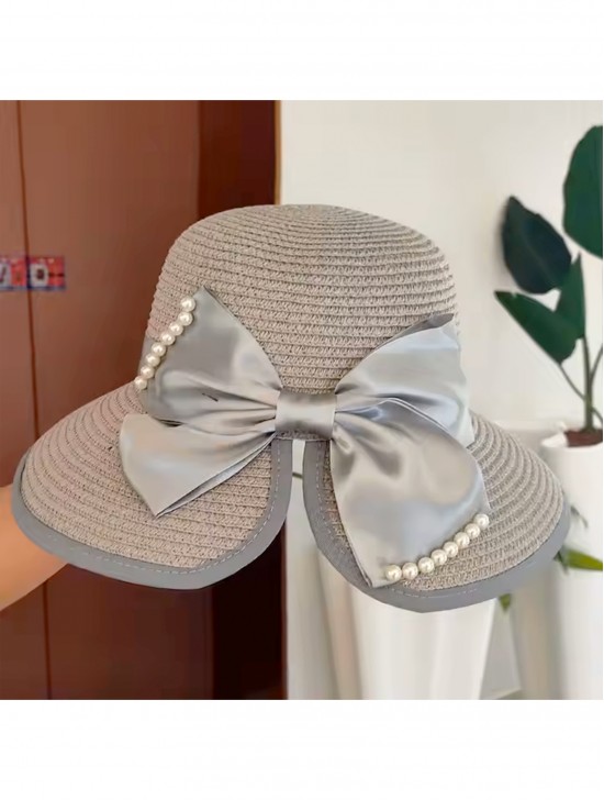 Wide Brim Summer Hat W/ Decorative Pearls and Bow