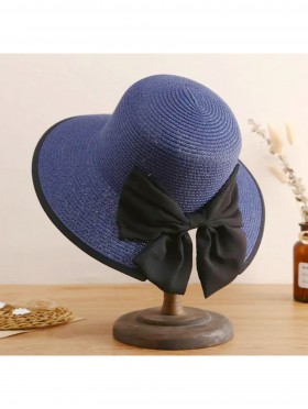 Wide Brim V-Back Summer Hat W/ Ribbon Bow 