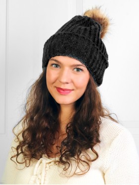  Cable Knitted Hat W/ Faux Fur removable pom pom