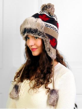 Warm Fur Maple Leaf Knitted Hat W/ Ear Flaps & Fur Tassels